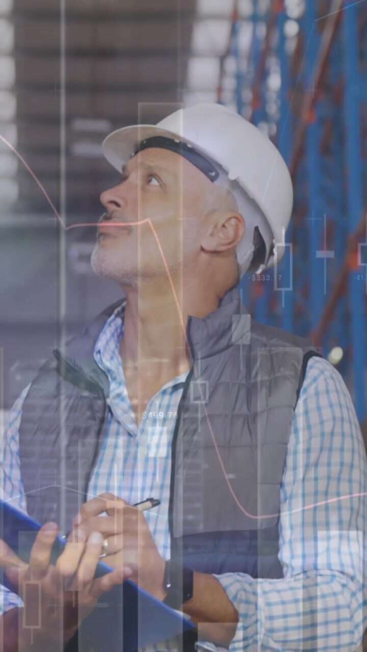 Animation of data processing over man working in warehouse