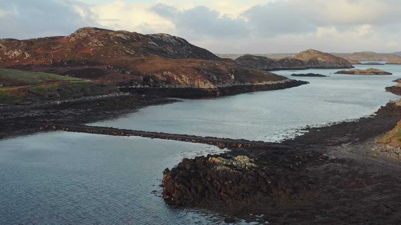 Drone shot of the causeway linking the Isle of Lewis to Eilean Chaluim Chille