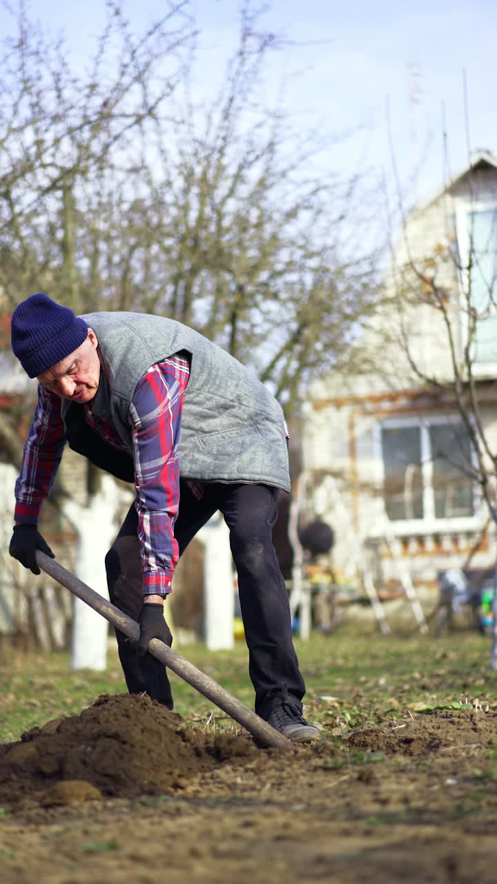 Old Caucasian male wearing checkered shirt and vest dig the ground near the house. Farmer makes a hole and sticks the shovel into the soil. Vertical view.