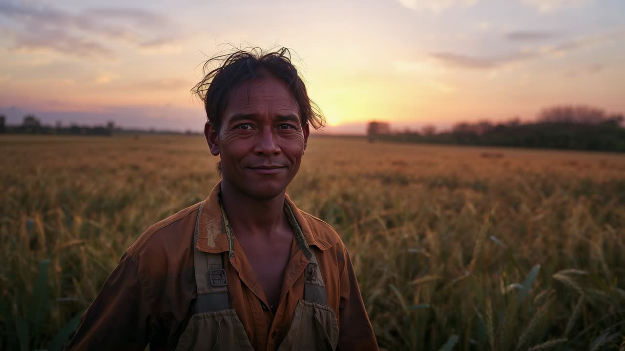 Noticing sunset, man in bib overalls smiling and making eye contact at wheat field, tall grain