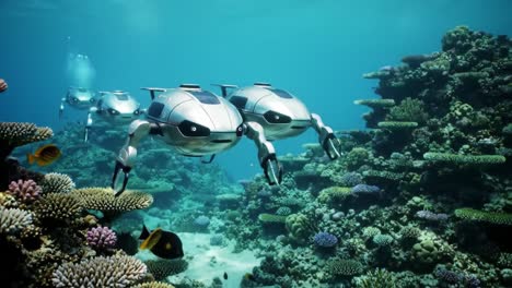 three advanced robotic devices explore a colorful coral reef teeming with marine life, showcasing the beauty and complexity of underwater ecosystems during daylight.