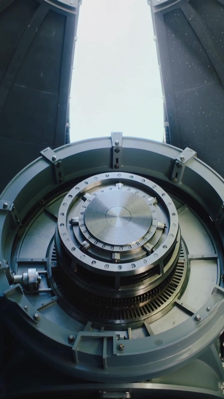 Video verticale: Fessura nel cielo che si allarga, telecamera che si muove verso l'alto all'interno di una cupola, rivelando un mozzo metallico e foglie.