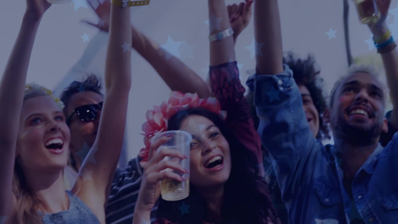Festival group raising arms and toasting with cups after beat drop, celebrating under star overlay