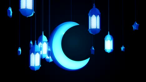 glowing celebration lantern, star and moon hanging from ceiling on dark background. ramadan kareem islamic motion background. 3d loopable animation.