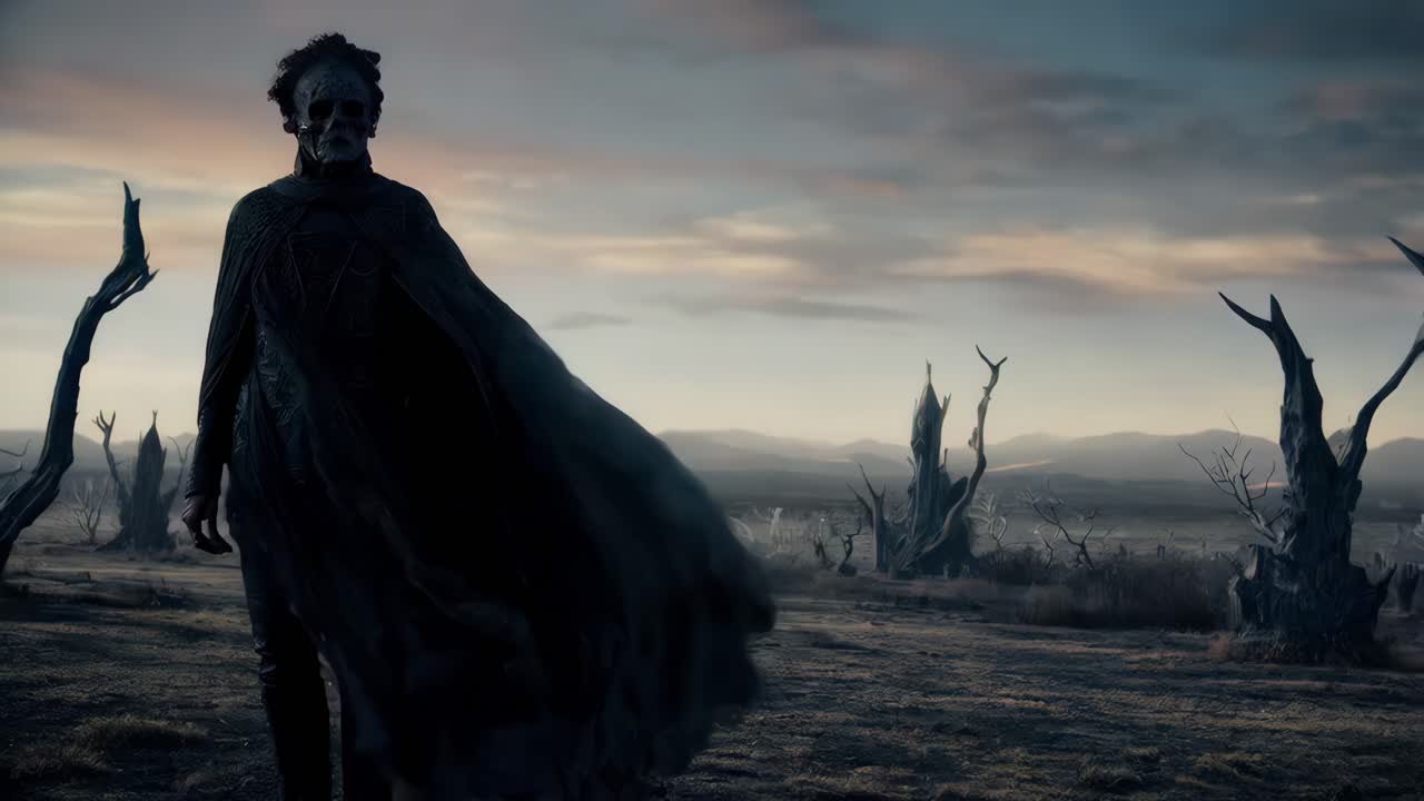 figura oscura en un paisaje desolado