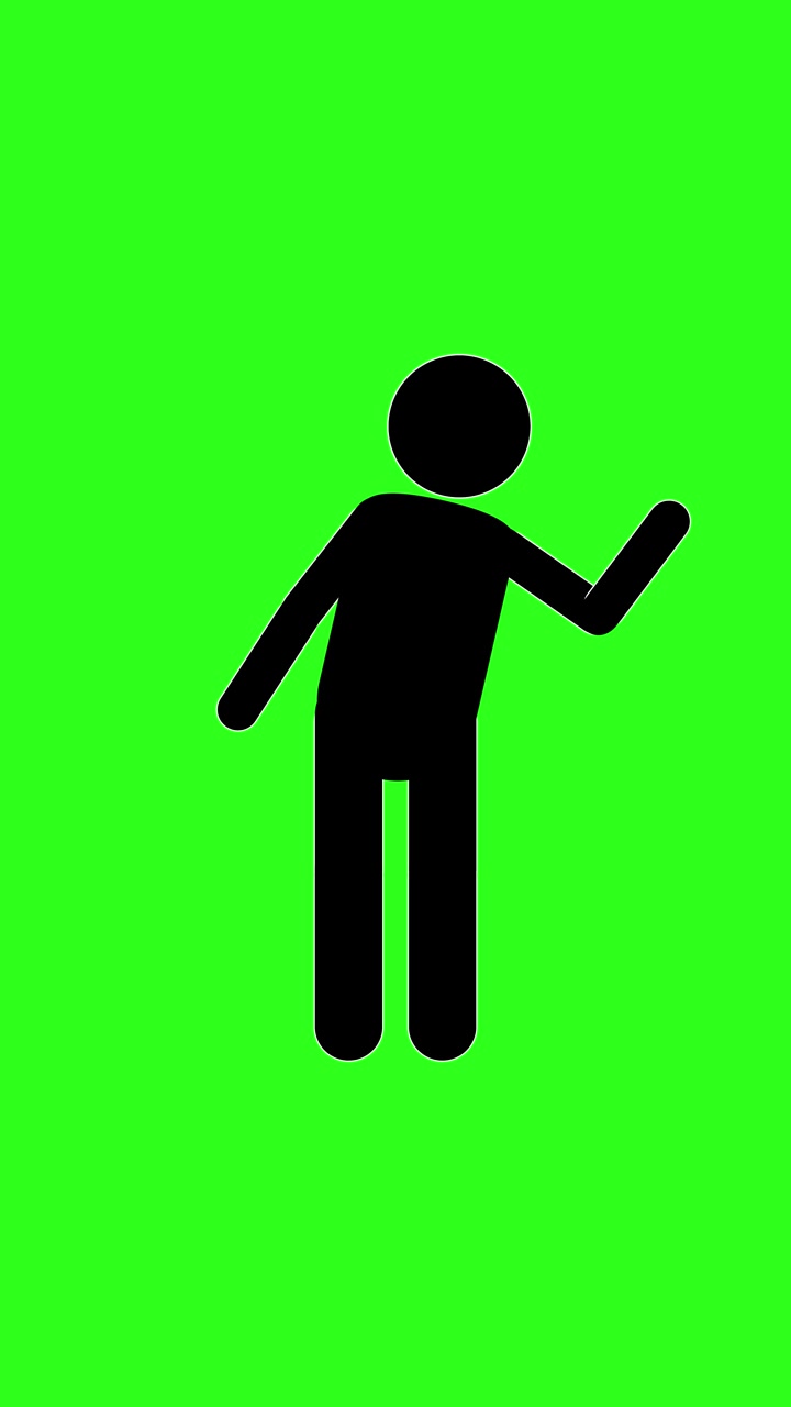 Un homme pictogramme noir minimaliste agite la main sur un fond d'écran vert éclatant