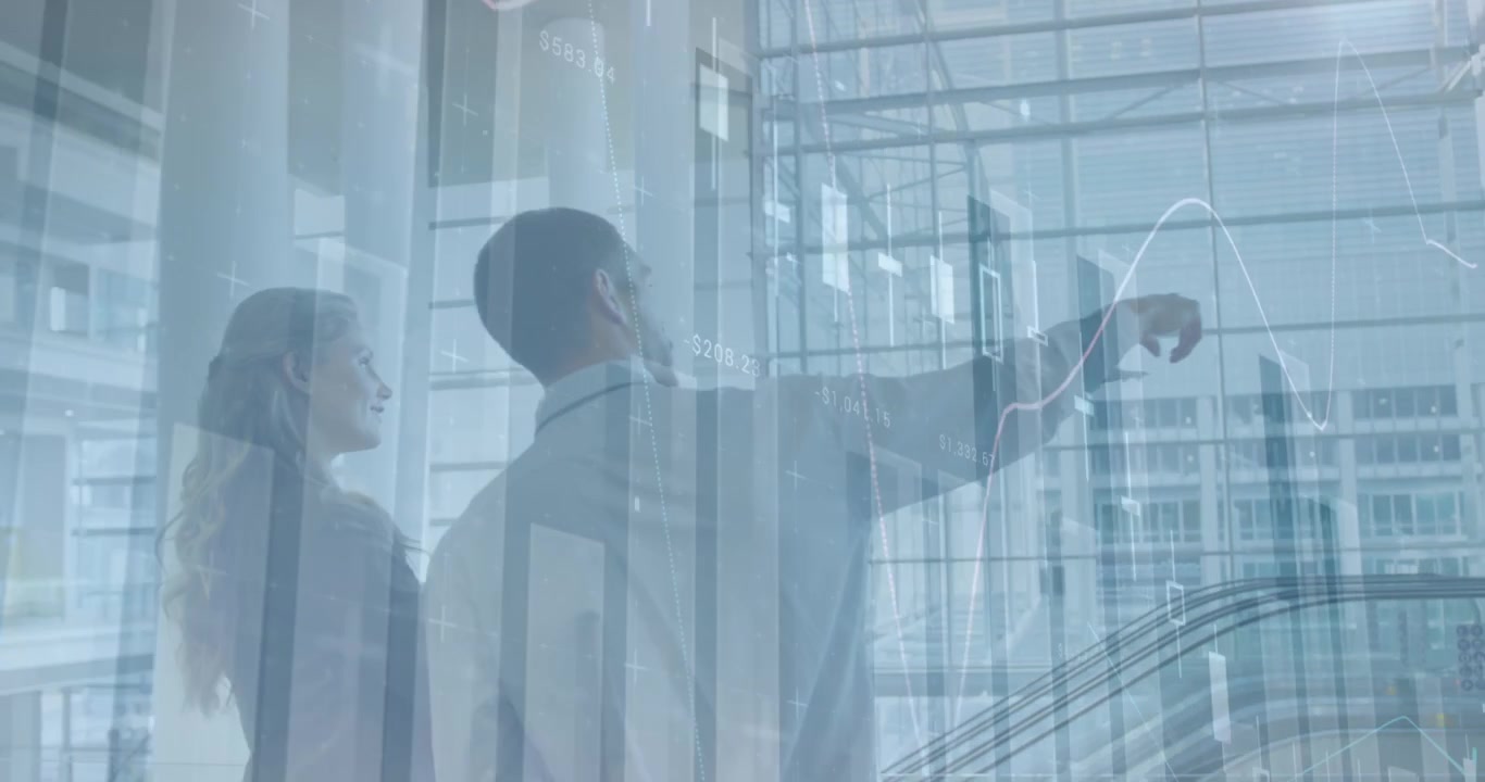Animation of data processing over caucasian business people talking