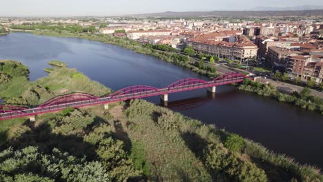 Iron-Bridge-of-Queen-Sofia-Bridge-in-Talavera-de-la-Reina,-aerial-view,-day