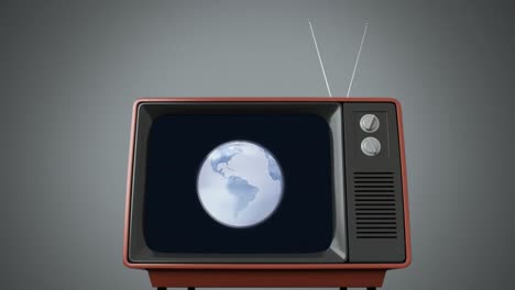 vintage tv news screen with blue and white digital globe rotating