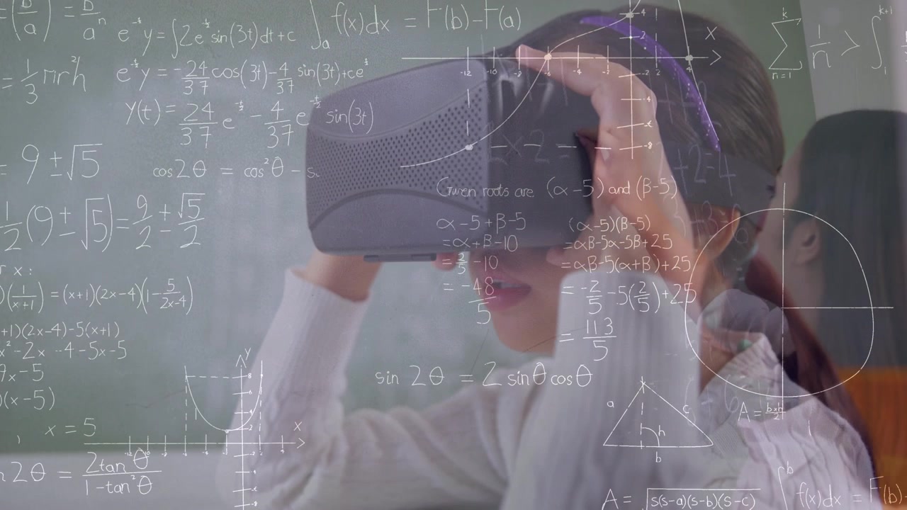 Animation of mathematical equations over schoolgirl using vr headset