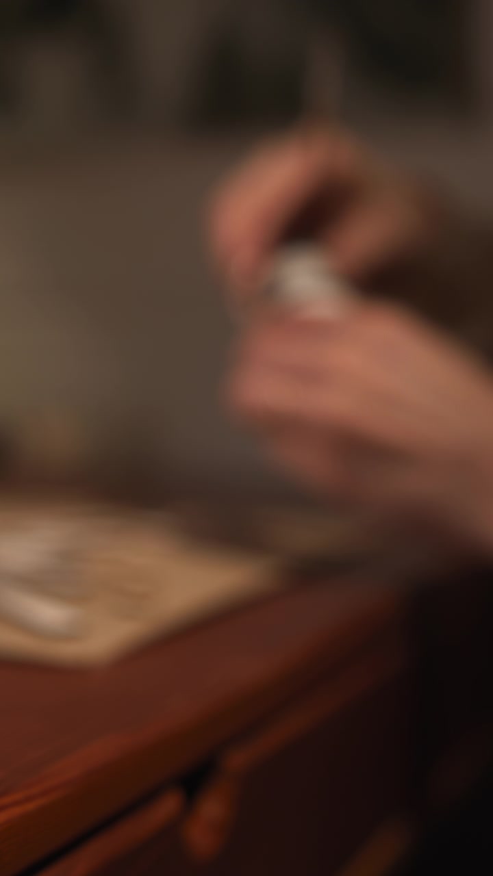 Bicchiere d'acqua su tavolo di legno, mani sfocate che tengono un telefono sullo sfondo, luce soffusa e calda di una lampada, condensa.