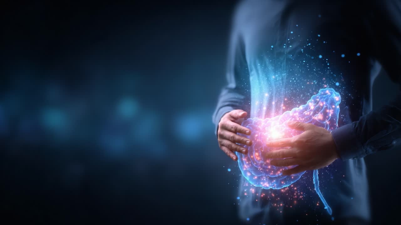 Visual Representation of Human Digestive System Highlighting the Pancreas with Futuristic Elements and Energy Flow Illustrating Digestive Processes