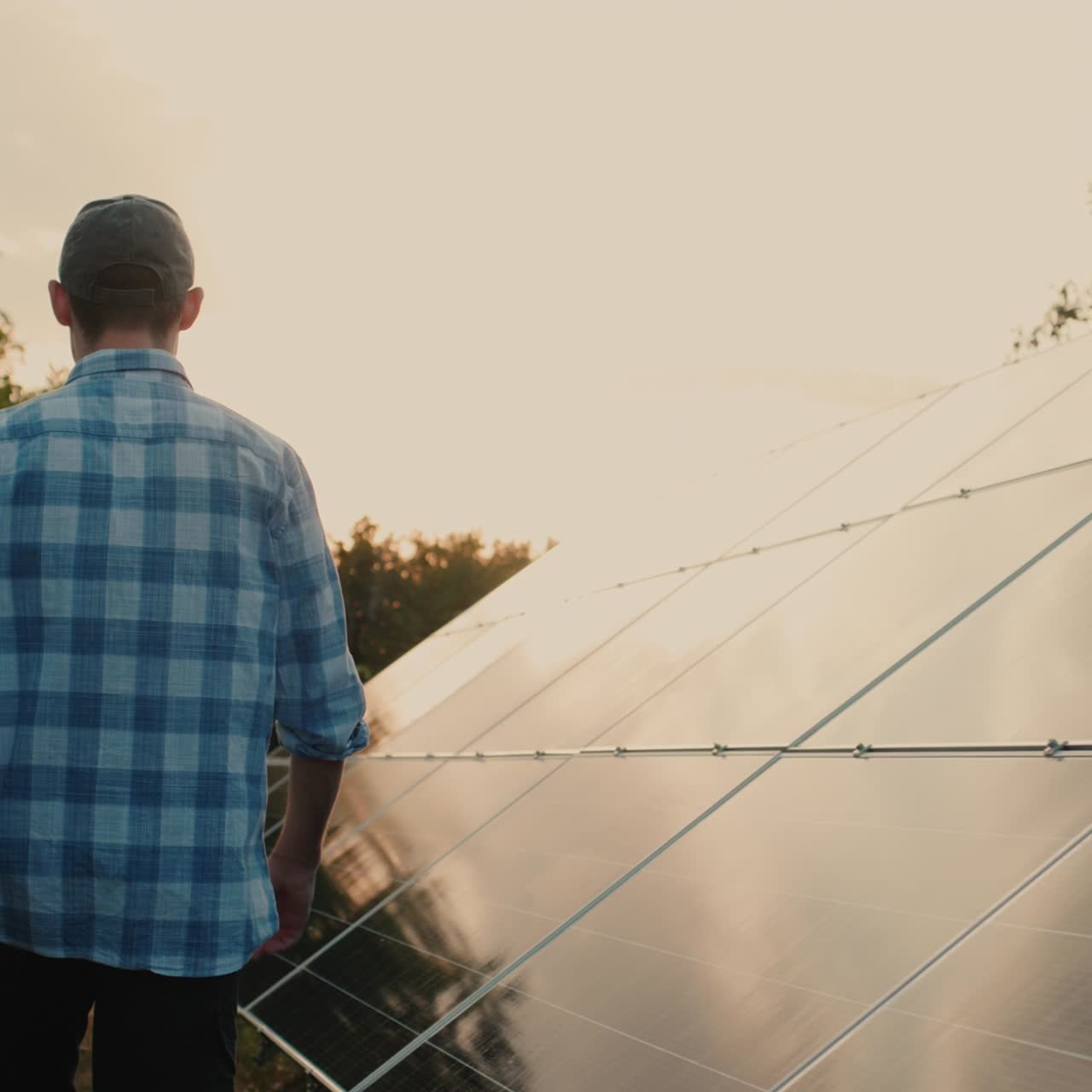 hombre camina a lo largo de los paneles de una planta de energía solar 1