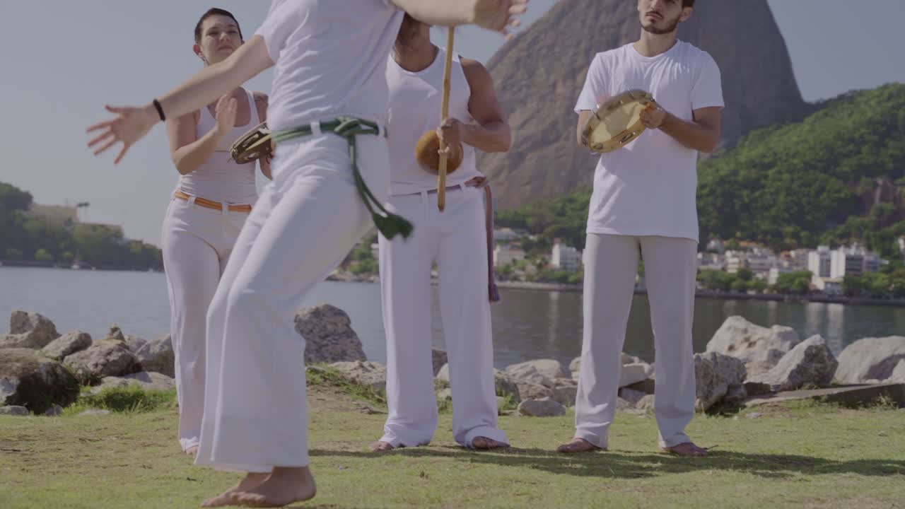 Dynamic Capoeira Performance by a Group in an Outdoor Setting
