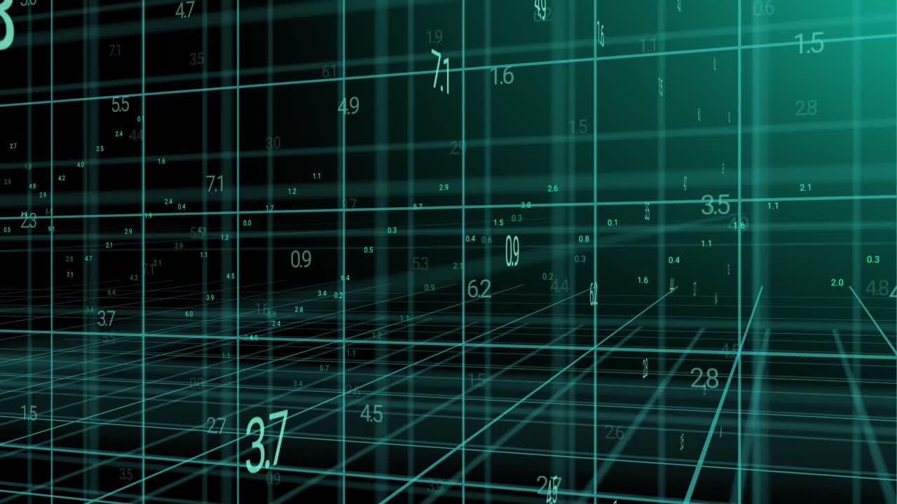 Animation of data processing over layers of 3d grids moving on black background