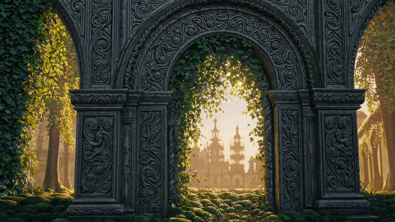 A mystical, ornate archway overgrown with ivy frames a distant castle at sunset