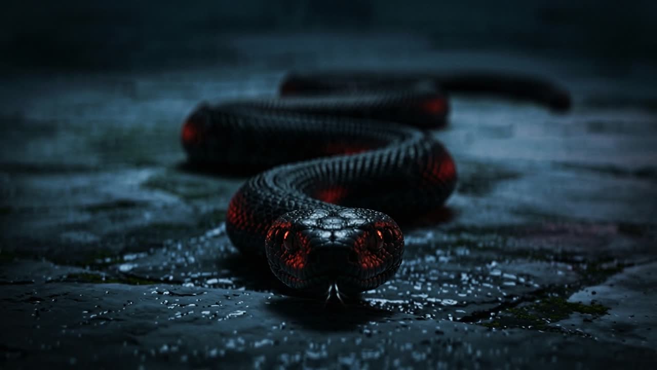 Serpente nero con occhi rossi luminosi che striscia su terreno di pietra bagnato.