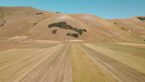 Vastos-Campos-Campesinos-Con-Paisaje-Montañoso-En-El-Fondo-En-Piana-Grande-Cerca-De-Castelluccio-Di-Norcia,-Toscana-Italia