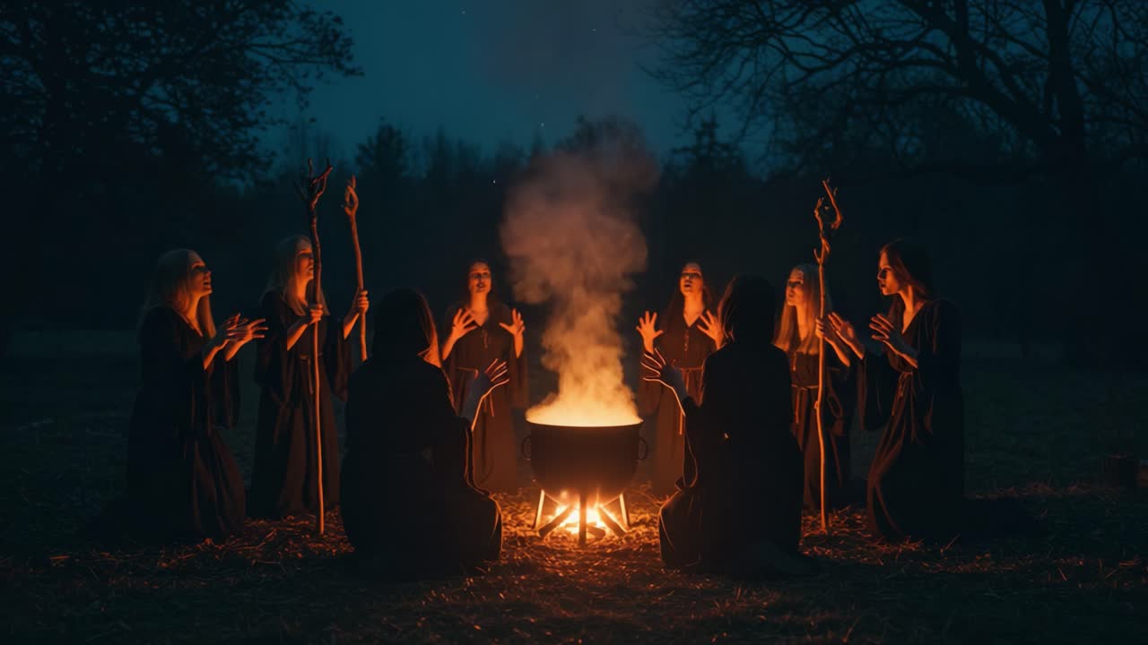 A Circle of Shadows: Enigmatic Figures Engaged in Ancient Ritual Around a Glowing Cauldron Beneath the Twilight Sky