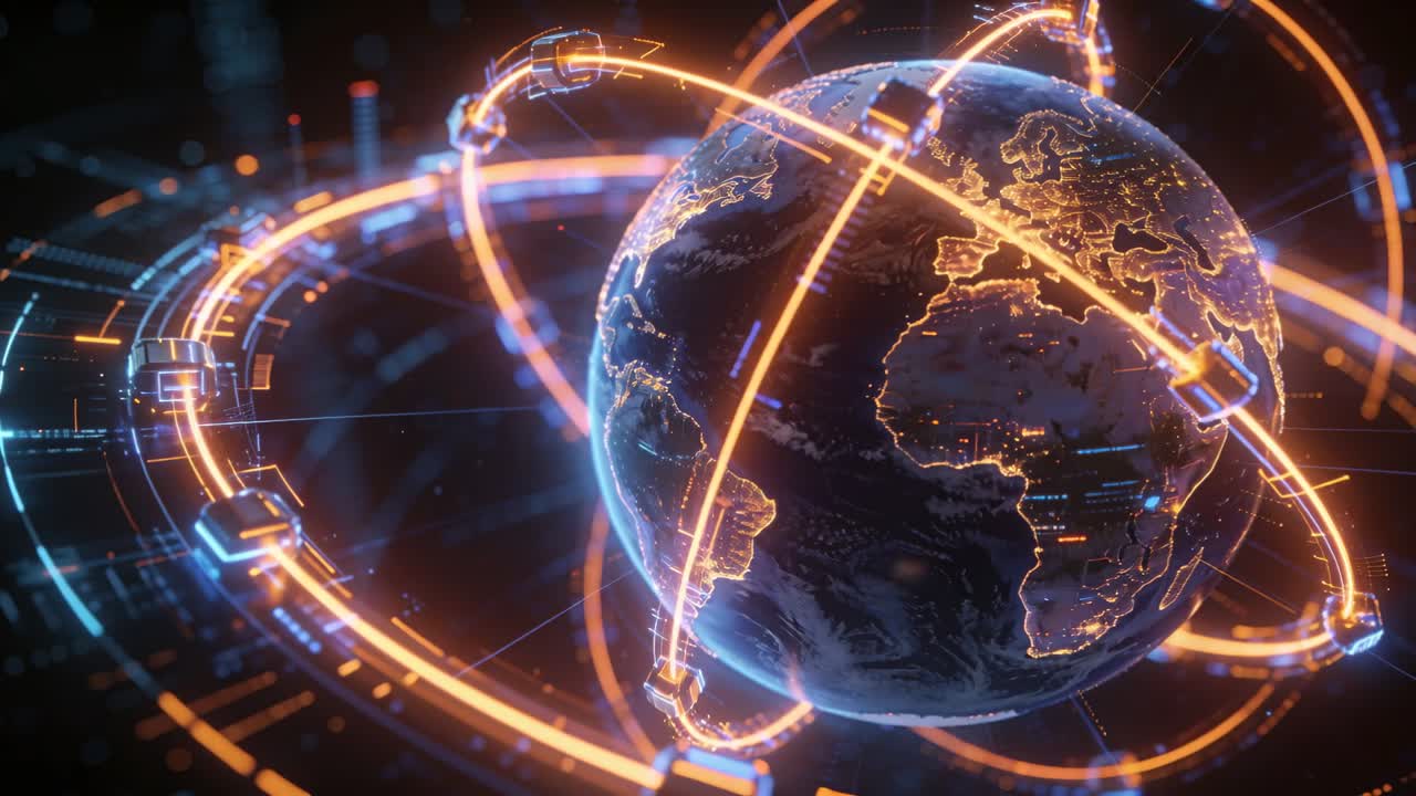Globe rotating as camera tilt triggers rings orbiting with nodes passing, showing tech data flow