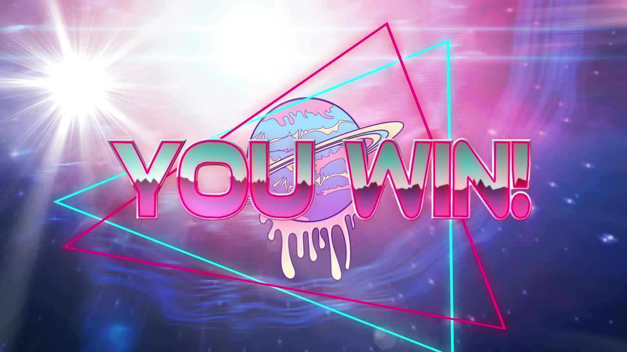 animación de usted ganar texto en letras metálicas sobre triángulos rosados y azules de fondo rosado a azul