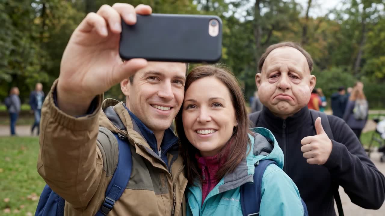 Coppia che scatta un selfie per ricordare il momento sul sentiero del parco, con giacche, uomo che fa photobombing e smartphone alzato