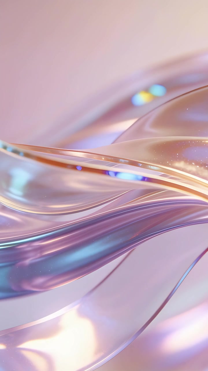 Vertical video: Gliding camera revealing translucent ribbons waving in studio, gold rim blue bokeh