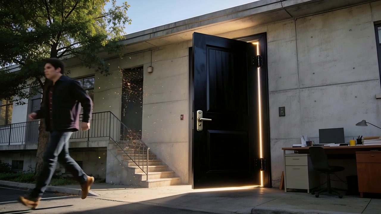 Stepping out man hurrying across concrete steps as black door opening, seam and particles trailing