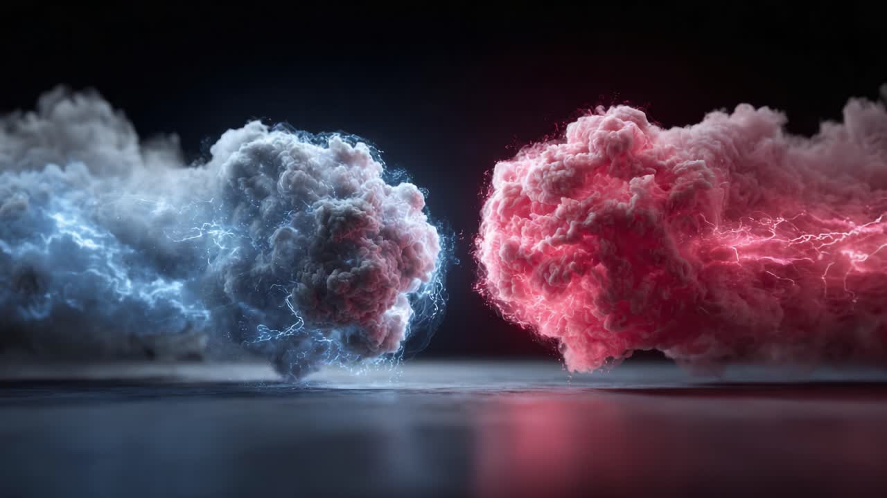 Contrasto Dinamico di Nuvole Elettriche: Una Battaglia Visiva di Energie Blu e Rosse Che Emanano da Due Tempeste Vibranti in un'Atmosfera Oscura