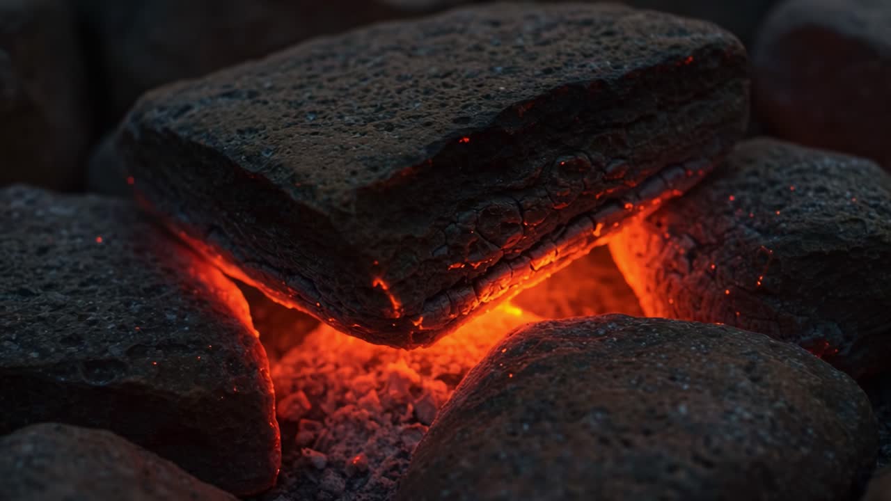 A Glimpse of Glowing Embers: The Transformative Beauty of Heat Beneath the Surface of Distressed Stones Captured in a Moment of Radiance