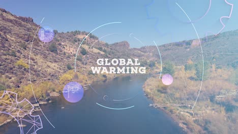 global warming graphic overlay over drone video to rio grande river in new mexico.