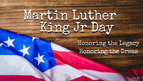animación del feliz texto del día de martin luther king sobre la bandera estadounidense