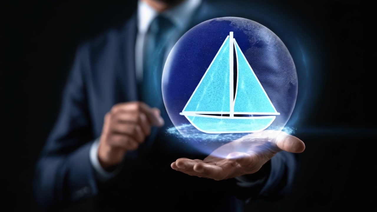 Un uomo d'affari che mostra innovativi display olografici di una piramide e una barca a vela, riflettendo tecnologia e creatività in un ambiente scuro.