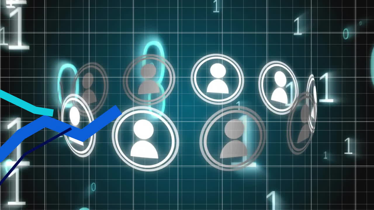 animación de iconos de personas, procesamiento de datos de codificación binaria sobre un fondo oscuro