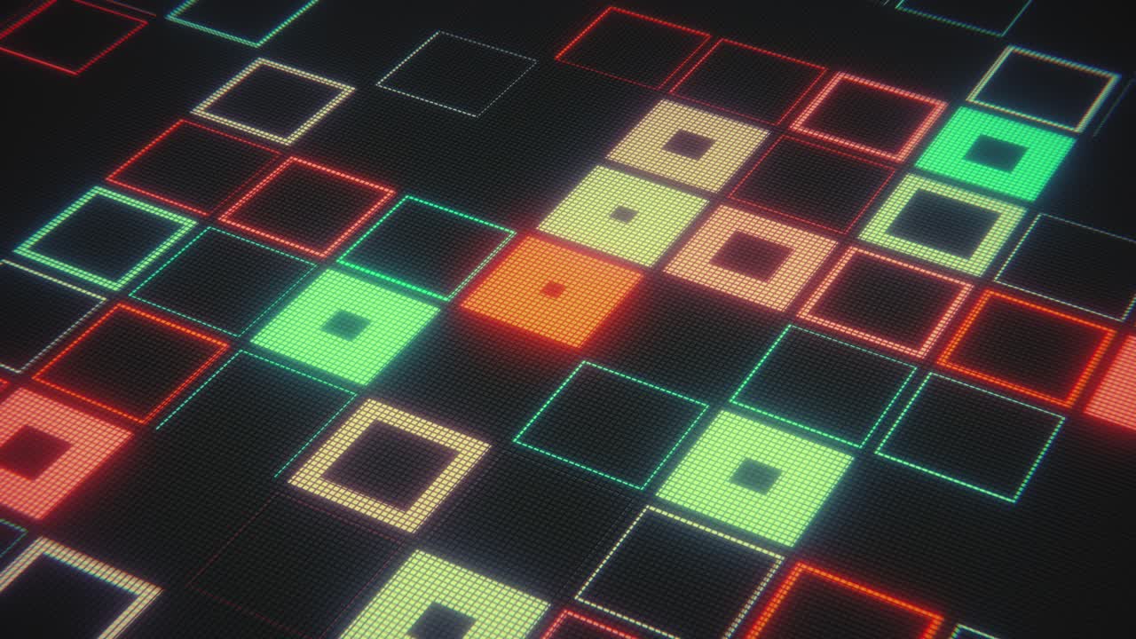 Dynamic Digital Grid with Flashing Neon Squares