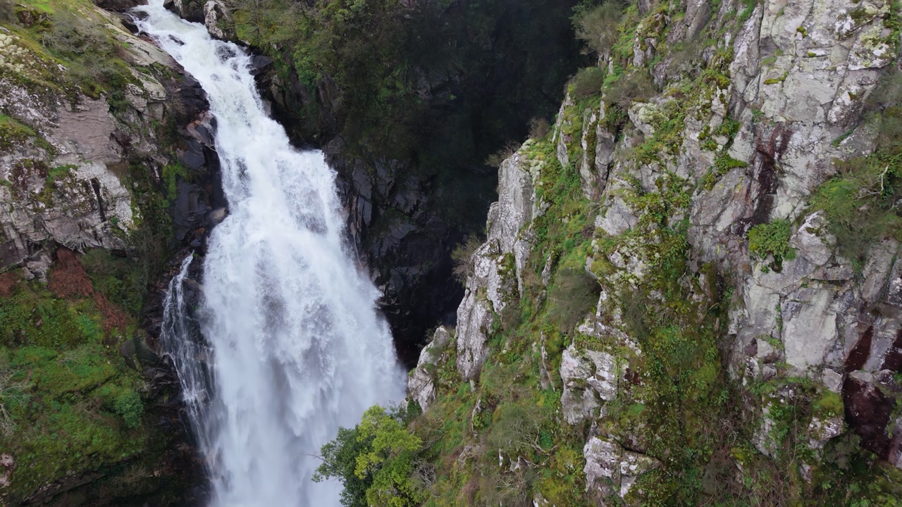 Powerful Waterfall In Quintás, Silleda, Spain - Drone Shot