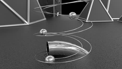 3d looped animation of rolling down balls through a tunnel. geometric elegant design with smooth movement. perpetual motion.