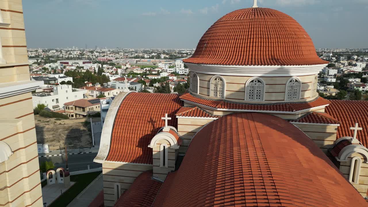 The Agios Panteleimonas Church Modern Byzantine Architecture In Lefkosia (Nicosia), Cyprus. Aerial Close-up Shot