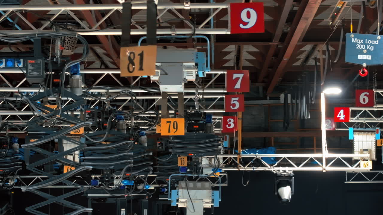 Close up of studio lights equipment on the ceiling of a TV set