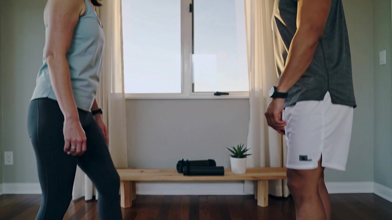 Homem verificando dispositivo de pulso, guiando mulher para tapete roxo em casa, preparando treino com roupa esportiva.