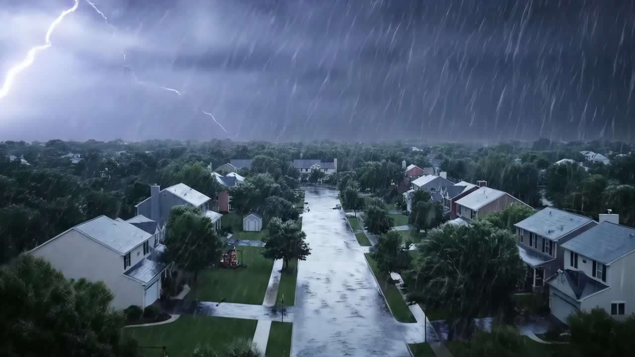 Dramatic storm scene with heavy rain and lightning illuminating suburban neighborhood at dusk