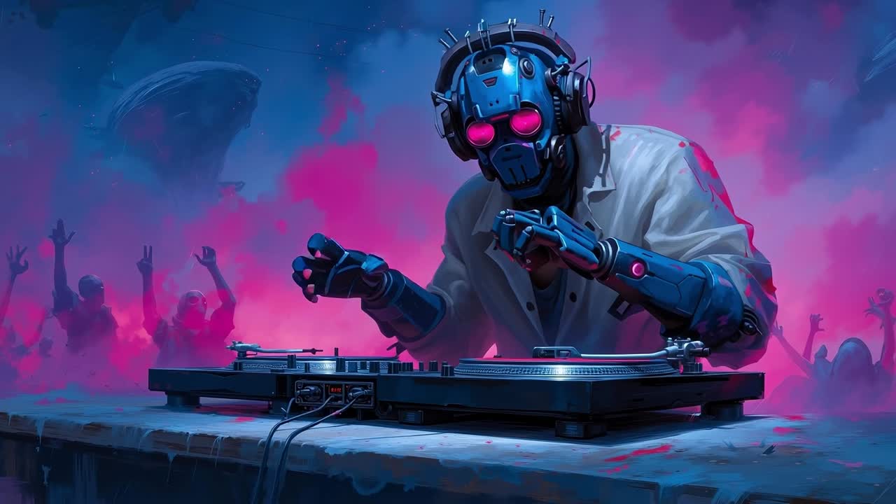 A man in a gas mask playing a dj set on a turntable