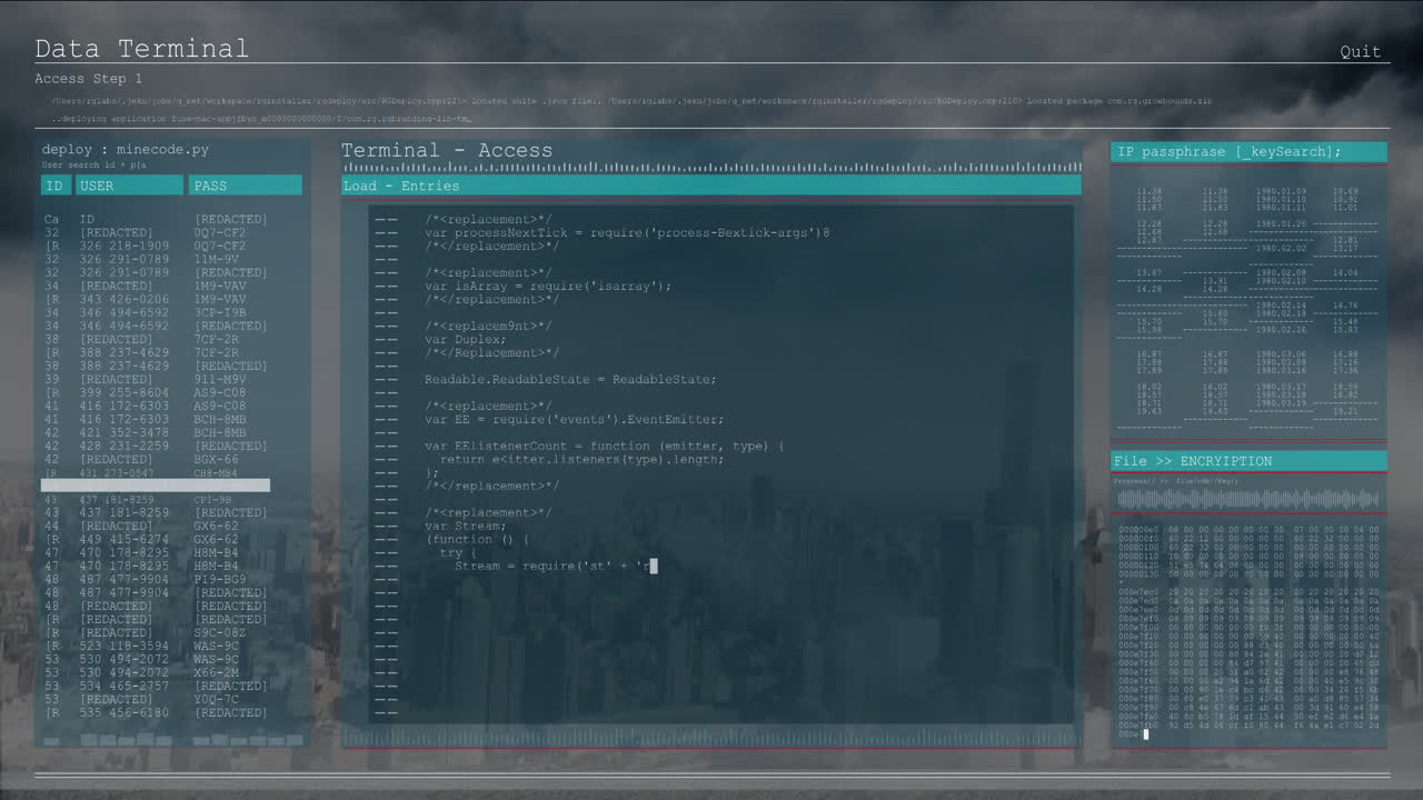 Displaying code on digital terminal with cityscape in background, animation style