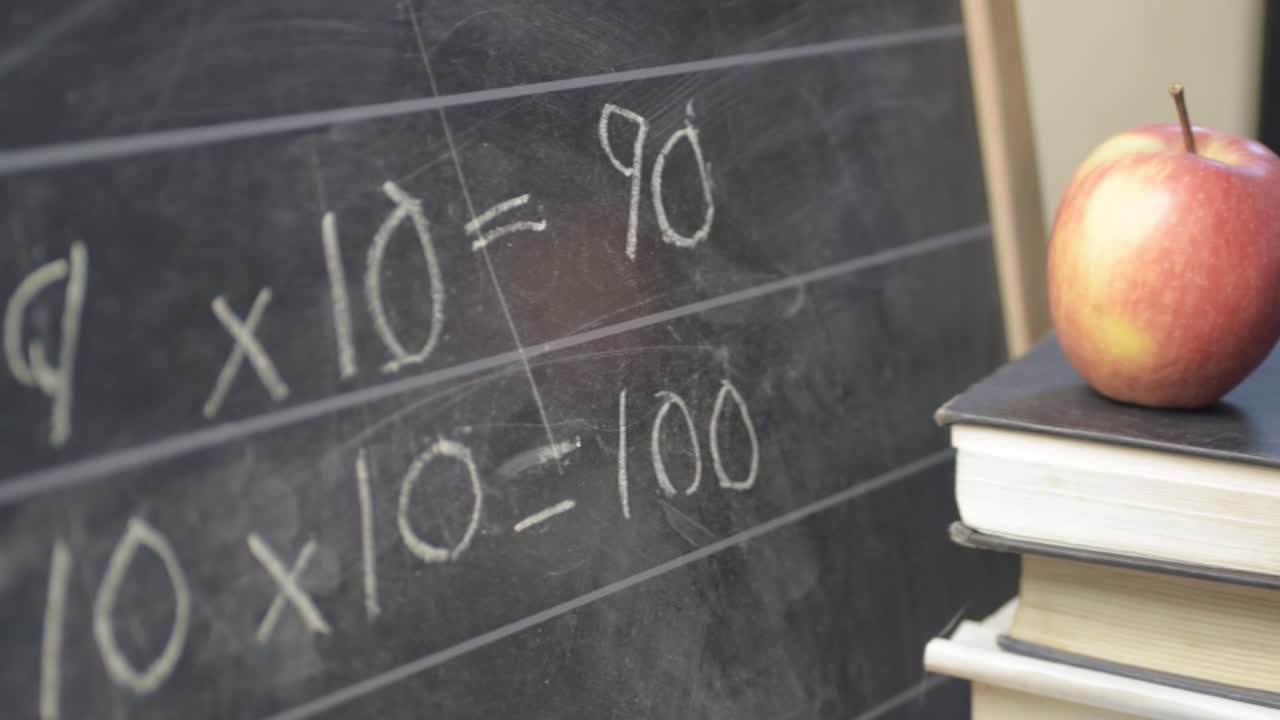 Mathematics lesson on blackboard with chalk panning shot