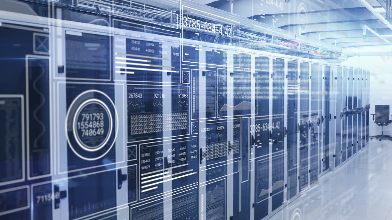 Animation of interface with data processing against computer server room