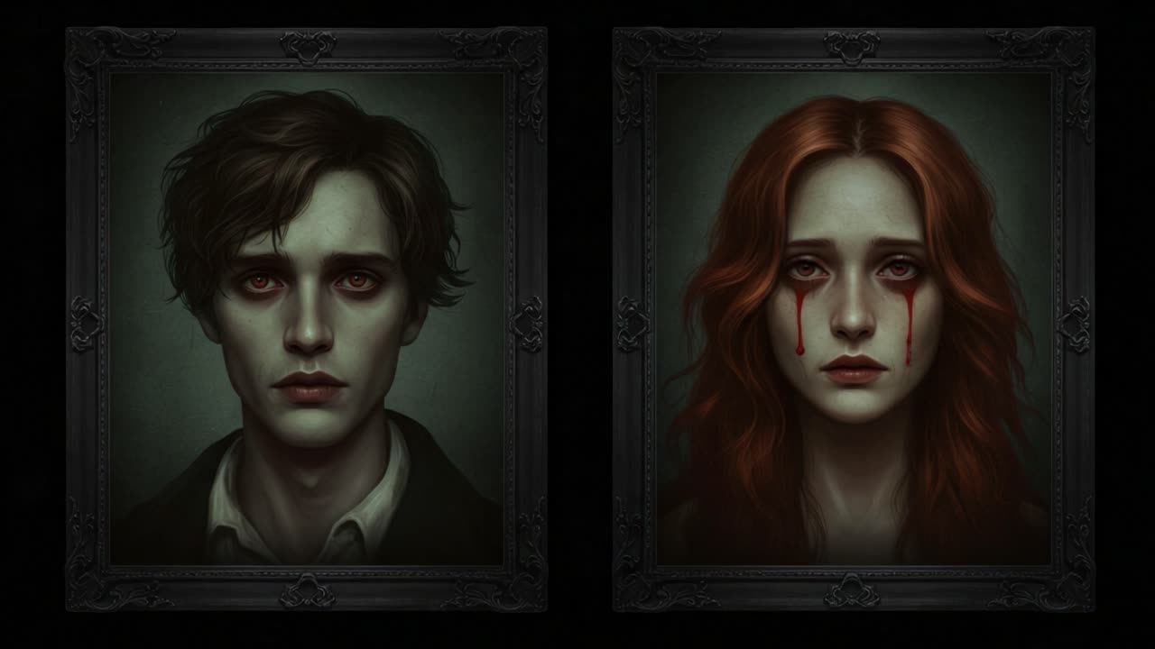 Contrast of Emotion: Captivating Portraits of a Young Man and Woman Reflecting Themes of Sadness and Melancholy in a Dark, Timeless Setting