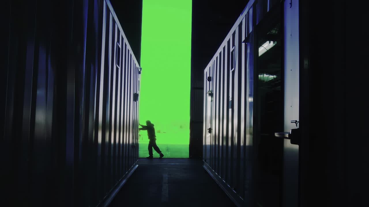 크로마 키 배경으로 금속 문을 열고 있는 창고 노동자의 실루.