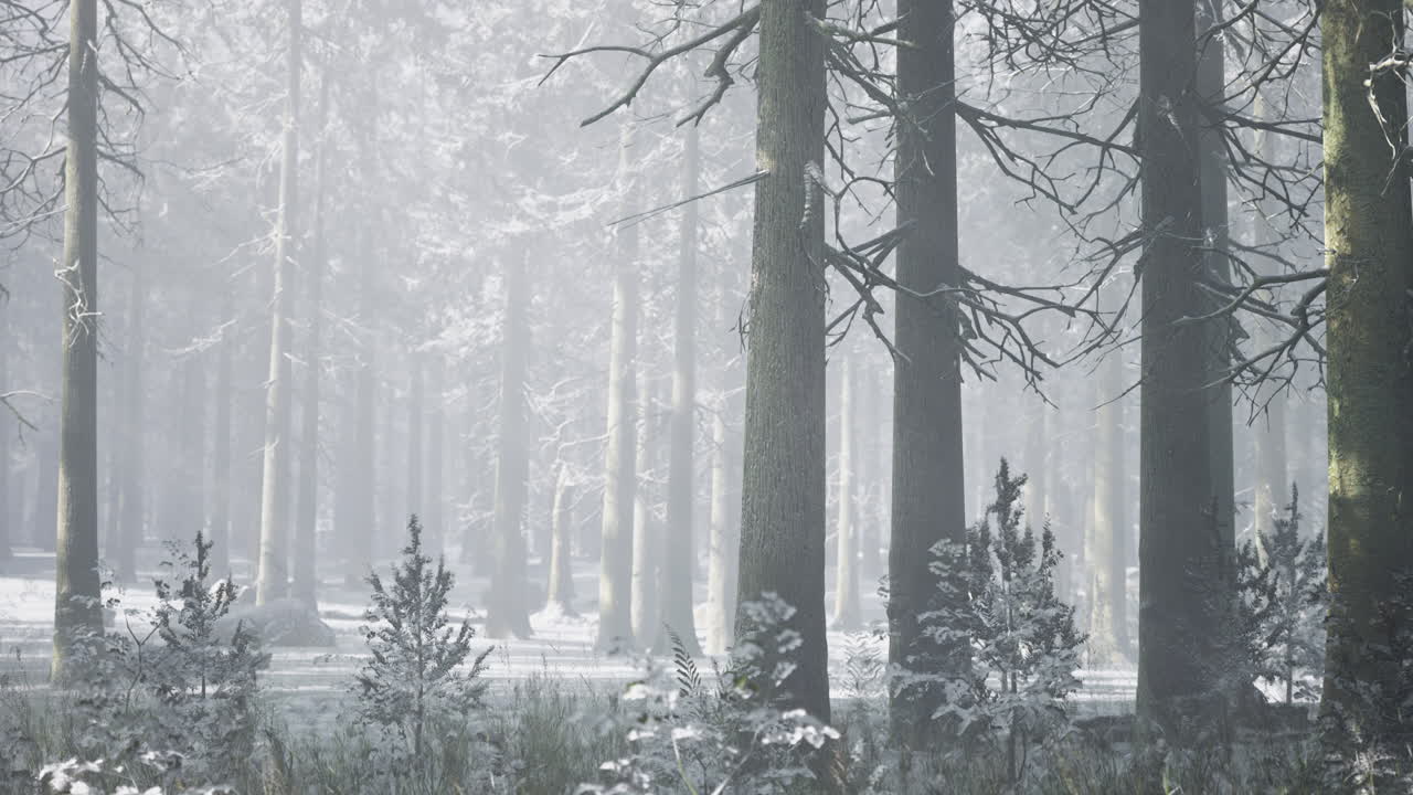 Snow covered forest in winter with tall trees and frosty landscape