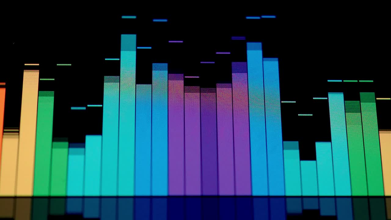 barra de ecualizador de música. ecualizadora de forma de onda de audio en animación de bucle de fondo negro. imágenes de música o ondas de sonido. visualizador de sonido de color abstract. gráfico de barra de espectro de gradiente. brillo y pulso.
