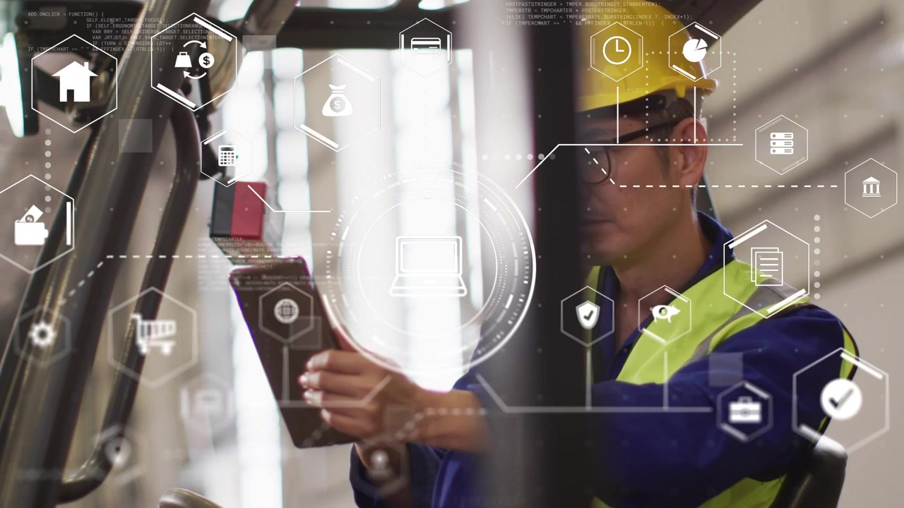 Forklift operator tapping tablet on controls, summoning HUD icons, verifying warehouse inventory